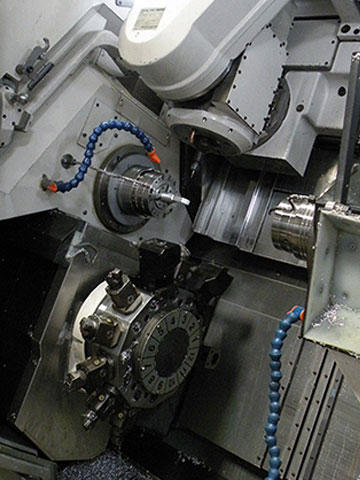 R.A. Miller uses GibbsCAM MTM and 5-Axis modules for multitask programming of the Okuma MacTurn 250 shown here machining a filter box, an electronic antenna component, for a RAMI military contract.