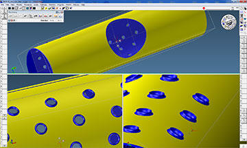 Engineers Poe and Stevens rely on GibbsCAM’s Cut Part Rendering, which displays toolpath, material removal, and material condition as tools execute operations. Shown above are three views of the header, with coordinate system and machined holes.