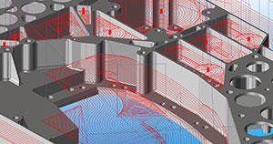 JPL recommended three roughing passes—12, 9, and 3 mm over net shape—using GibbsCAM VoluMill for a mounting deck component.