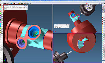 Because J & R Machine has no 5-axis mills, owner Jesse Alvarado designs and machines extra tooling for his 4th axis with GibbsCAM and uses GibbsCAM 5-Axis to program parts, many of which have hole features at different angles, such as this one undergoing toolpath verification.