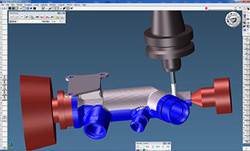 GibbsCAM’s Coordinate Systems utility facilitates orientation of parts or part features in different spatial planes, enabling 4- and 5-axis positioning and machining for parts such as the manifold shown rendering with GibbsCAM CPR, which Jesse uses to verify toolpath, usually with collision detection turned on.