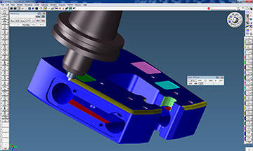 A final machining operation to complete an Instron grip body is displayed within GibbsCAM’s Cut Part Rendering, which is used to verify tool paths while programming or after completion.