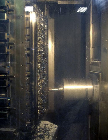 A press-brake punch undergoing machining on a tombstone-equipped Toyoda FA1050 horizontal mill, one of the 27 CNCs used by Wilson Tool’s bending division at its headquarters location.