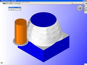 Roughing routine of the core represented in GibbsCAM’s cut part rendering. Roughing pass performed at 2,000 rpm, 60 ipm using a 2 1/2-inch carbide inserted cutter.