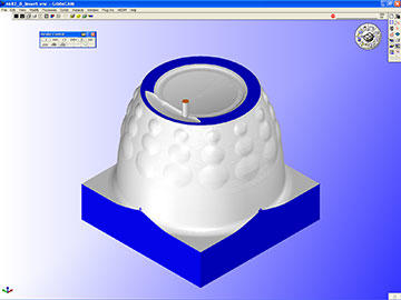 Finishing routine of the core represented in GibbsCAM’s cut part rendering. Finishing pass performed at 4,000 rpm, 20 ipm using a ¼-inch carbide end mill.