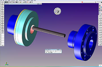 GibbsCAM Cut Part Rendering is used for all toolpath verification. Cut Part Rendering shows that a part has been completed on the main (left) spindle, while another operation proceeds on the subspindle after the part is transferred