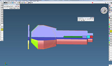 Depiction of the Airbus A-320 spherical bearing support in Flash CPR, the software’s toolpath verification function, which uses different colors to show different operations