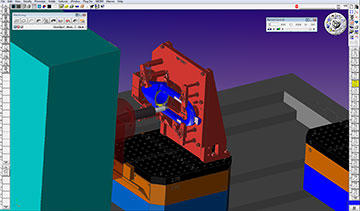 The challenge is seeing the casting, seeing how it is mounted, and avoiding collisions between machine, cutting tools, parts, and workholding components. Here, GibbsCAM runs the NC program for a rod hook bail in Machine Simulation.