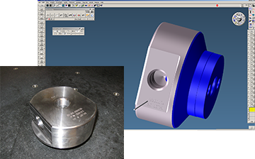 A steel scrubber-bottle cap (finished at left, and in GibbsCAM's CutPart Rendering feature, right, for toolpath verification).