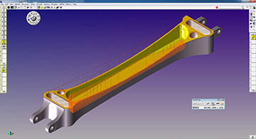 GibbsCAM display of one component of the suspension assembly showing a pocketing toolpath generated directly on the Parasolid CAD model. With similar pockets on both sides of the part, approximately 75% of the stock material is removed to reduce weight.