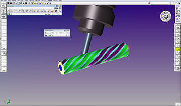 GibbsCAM Cut Part Rendering verifies toolpath automatically generated by the custom plug-in. Different colors can be used for each operation, especially when the toolpath wraps around cylindrical parts.