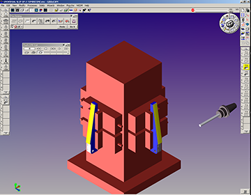 GibbsCAM Cut Part Rendering simulation shows a reaming tool approaching a workpiece with cut and uncut material in different colors. With collision detection turned on, the Machine Simulation module logs the precise location in the code where a collision occurs.