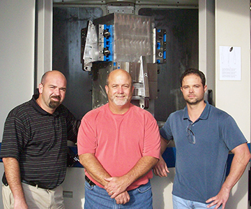 Using multiaxis CNC and CAM technology from GibbsCAM, Joey LeRouge (center), president of High Tech, increased the company’s size from 28 to more than 120 employees. He is flanked by Scott Candebat (left), operations manager, and John Johnson (right), senior project manager