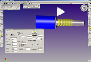 A GibbsCAM Cut Part Rendering display of turning operation on a fitting for Binkert’s pepper spray bicycle lock. When an operation is selected in the right-hand panel, the associated toolpath turns yellow, ready to run toolpath verification.