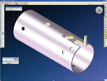 GibbsCAM Cut Part Rendering shows material removed in machining three pieces of each of four 5" (127-mm) long parts, 5/8–1.75" (16–44.5-mm) diam and 0.040" (1-mm) wall thickness.