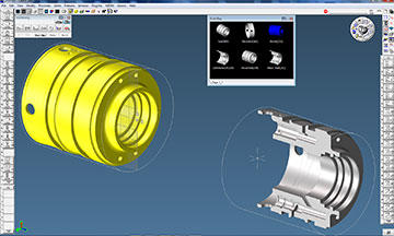 Before Kyle Vander Meyden programs a part with GibbsCAM, he uses its modeling capability to create a solid model to drive multi-axis MTM toolpath and for QA to program its CMMs. The drawing and solid modeling screen with active tool-process-machining palette and operations list enables seeing work on both main and subspindles.