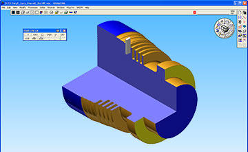 The flexibility inherent in the CAM system is demonstrated in this angled cutaway view of a motorcycle cylinder. The cross-section enables the operator to clearly view the tool path and make modifications, the manufacturer says.