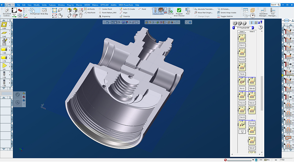 The 3D geometry of the article as a sectional view in GibbsCAM. On the right of the image, the table of the synchronization manager, in this case for two channels, one for each turret. Synchronization is essential for safe and efficient operation especially on sliding headstock lathes and other Multi Task Machines.