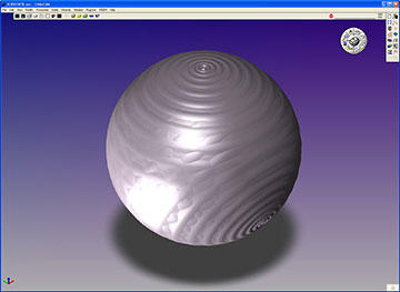 Autodesk Mechanical Desktop model of the sphere and ripple pattern supplied by Tom Shannon. GibbsCAM imported the model, which Blue Chip used to develop and program toolpaths.