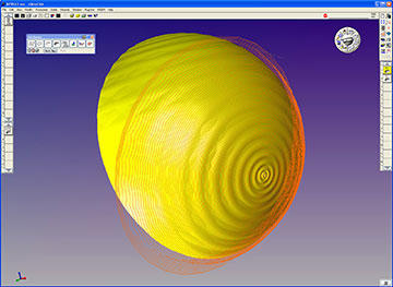 GibbsCAM screen shows the toolpath being cut by the ball end mill, using the Two-curve Flow Option, where the first “curve” is a point and the second, a circle.
