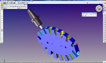 This screenshot from GibbsCAM’s Flash CPR (Cut Part Rendering) toolpath verification feature depicts the machining of two bearing cage sections. The machine’s fourth rotary axis enables machining the bearing cavities on both edges of the workpiece in one setup. As shown here, users can direct the software to display each operation in a different color.