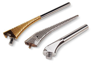 The Mazak Integrex enables Oak View Tool to take on the complete manufacturing of surgical tools, reducing lead-time by the amount of time taken by the OEM customer to machine and provide blanks. Shown here are different types of hip rasps. The gold coloring is titanium nitride (TiN) plating, an extremely hard coating used to retain and extend the life of cutting edges, and sometimes used for lubricity and color-coding.