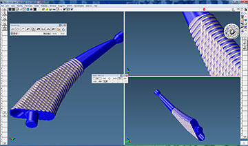 GibbsCAM’s Cut Part Rendering verifies toolpath whenever the programmer chooses, even while programming individual tools. Here, it shows three views of an Oak View hip rasp, after the final grinding pass has formed the bone-cutting teeth, with rasp blank in blue and grinder cuts in white