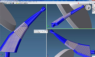 GibbsCAM toolpath verification (Cut Part Rendering) shows toolpath for grinding teeth on an Oak View Tool hip rasp, a type of surgical broaching tool, with a 4-axis CNC tool grinder. The blank, or stock, is shown in blue, the grinding wheel in grays, and material removed by the grinding wheel in white.