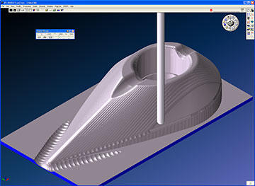 Virtual machining of hood pin locking plate with GibbsCAM Cut Part Rendering, which displays material removal, toolpath motion and part finish.