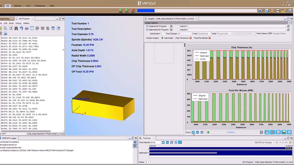 Vericut Optimizer preserves all existing GibbsCAM strategies and toolpaths, while automatically enhancing performance through intelligent feed rate adjustments to achieve optimal chip thickness.