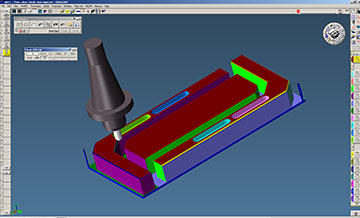GibbsCAM Cut Part Rendering displays the toolpath and surface finish Rob Pleas will get at the machine after post-processing the toolpath with the GibbsCAM post, developed precisely to take advantage of the control’s capabilities. Cut Part Rendering, which can use different colors for tools or operations, here