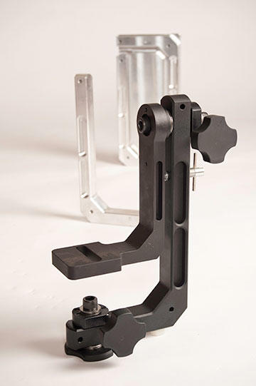 To eliminate reflections in the field, Pleas uses flat black anodizing on aluminum components, as shown in the first photographic accessory he created, a gimbal tripod head. Untreated components are shown in the background