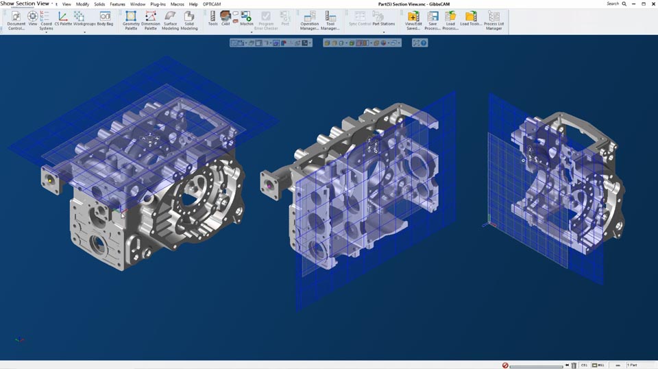 Section view reveals internal X, Y, Z views on cavity